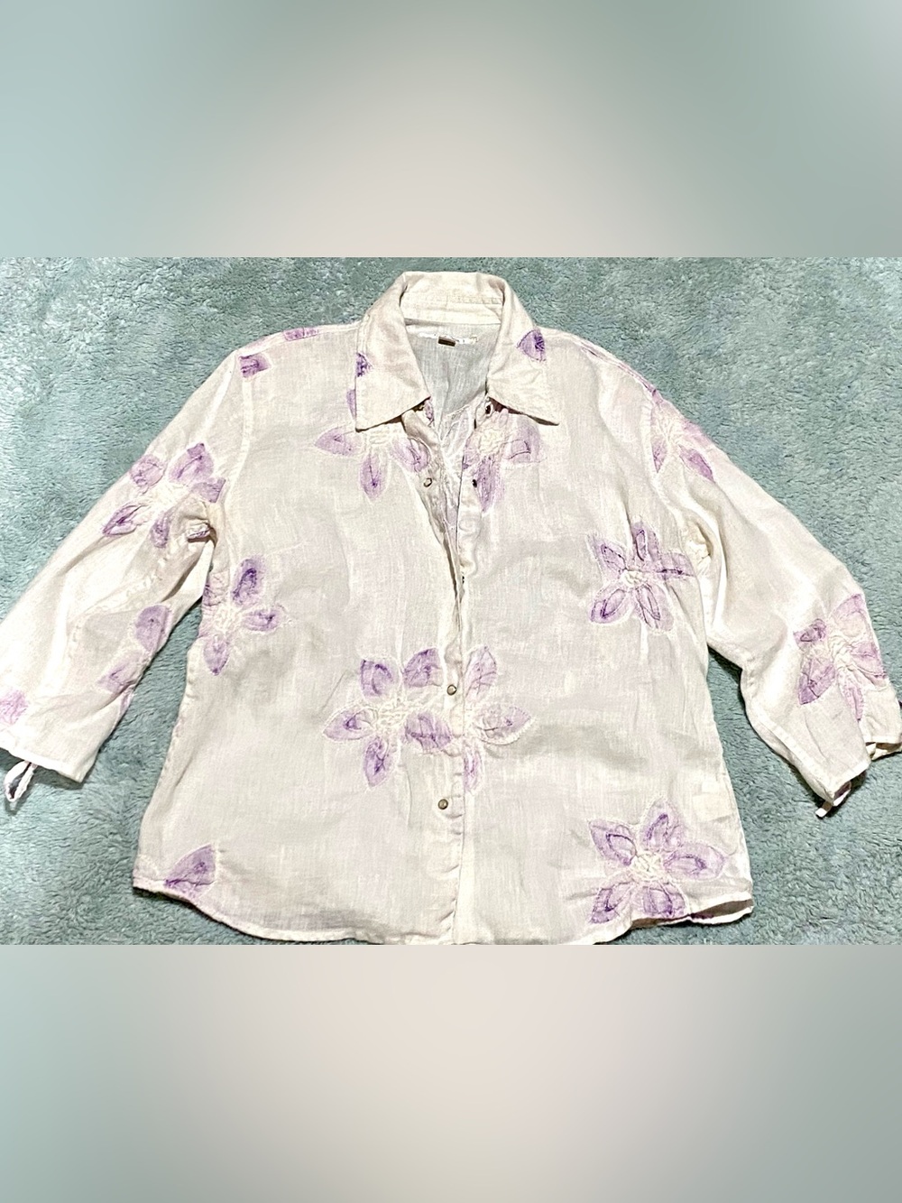 Ryan Michael Women's Linen Snap Down Shirt with Lavender Floral Embroidery Sz.S